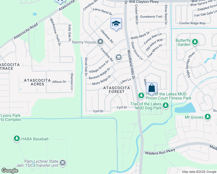 map of restaurants, bars, coffee shops, grocery stores, and more near 3722 Woodlace Drive in Humble