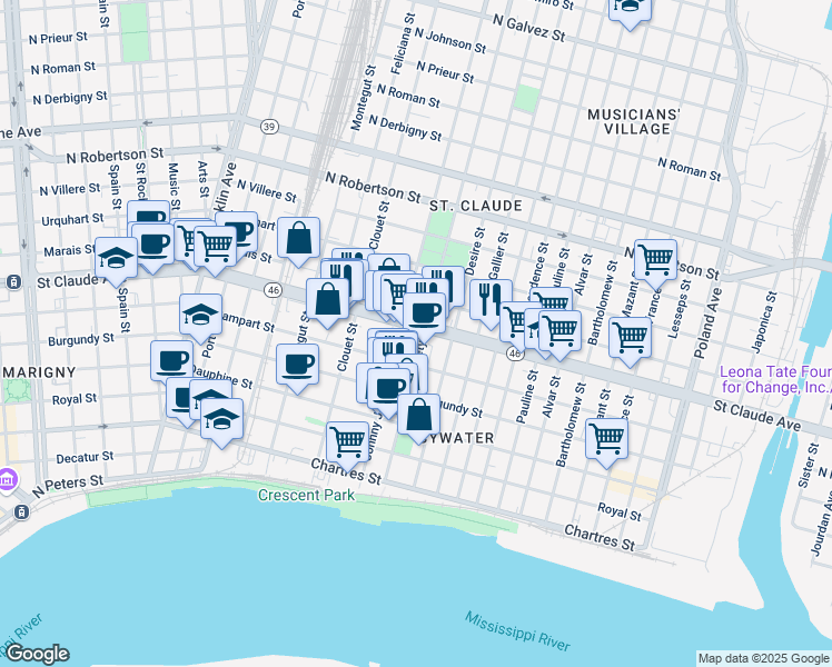 map of restaurants, bars, coffee shops, grocery stores, and more near in New Orleans