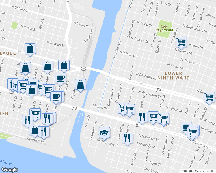 map of restaurants, bars, coffee shops, grocery stores, and more near 46595 Jourdan Avenue in New Orleans