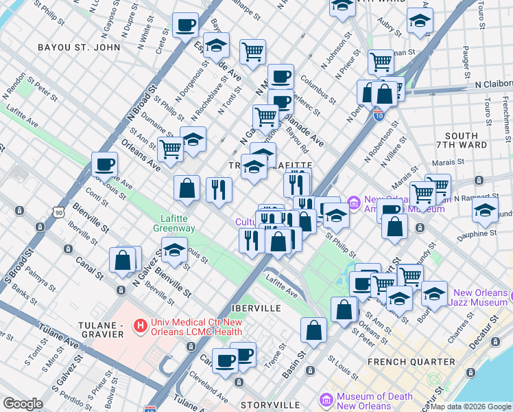 map of restaurants, bars, coffee shops, grocery stores, and more near 1837 Dumaine Street in New Orleans