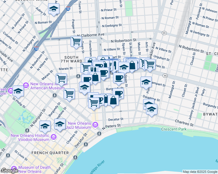 map of restaurants, bars, coffee shops, grocery stores, and more near 912 Marigny Street in New Orleans
