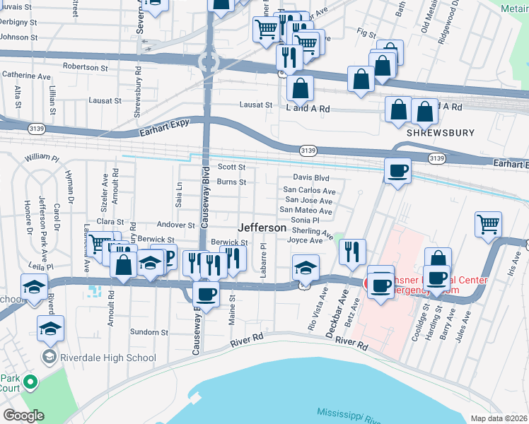 map of restaurants, bars, coffee shops, grocery stores, and more near 2719 Avalon Street in Jefferson