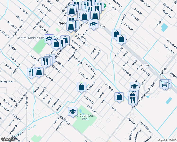 map of restaurants, bars, coffee shops, grocery stores, and more near 619 S 17th St in Nederland