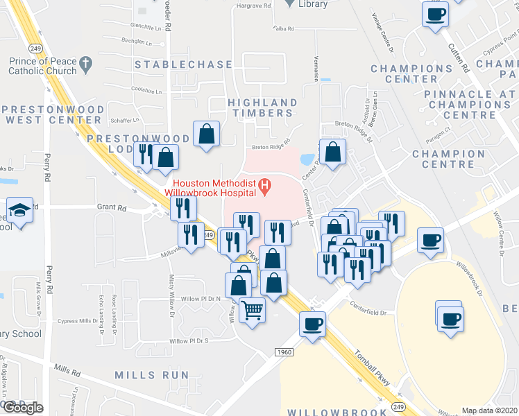 map of restaurants, bars, coffee shops, grocery stores, and more near 18220 Tomball Parkway in Houston