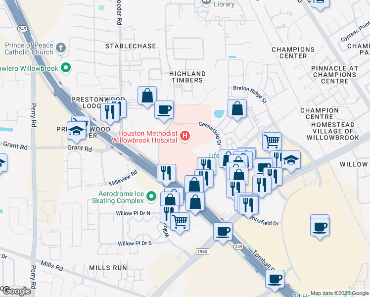 map of restaurants, bars, coffee shops, grocery stores, and more near 18220 Texas 249 in Houston