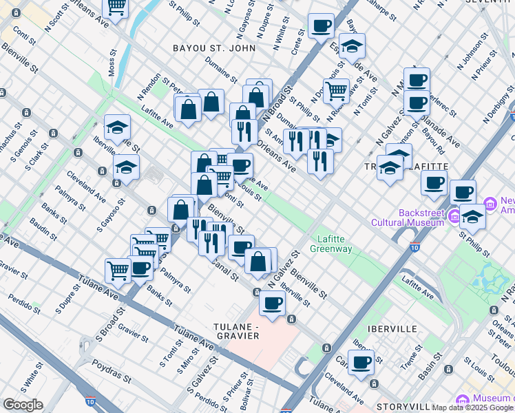 map of restaurants, bars, coffee shops, grocery stores, and more near 2500 Saint Louis Street in New Orleans