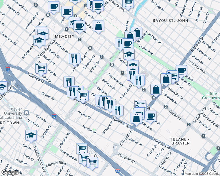 map of restaurants, bars, coffee shops, grocery stores, and more near 318 South Rendon Street in New Orleans