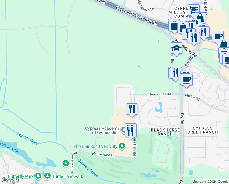 map of restaurants, bars, coffee shops, grocery stores, and more near 12915 Mason Terrace Lane in Cypress