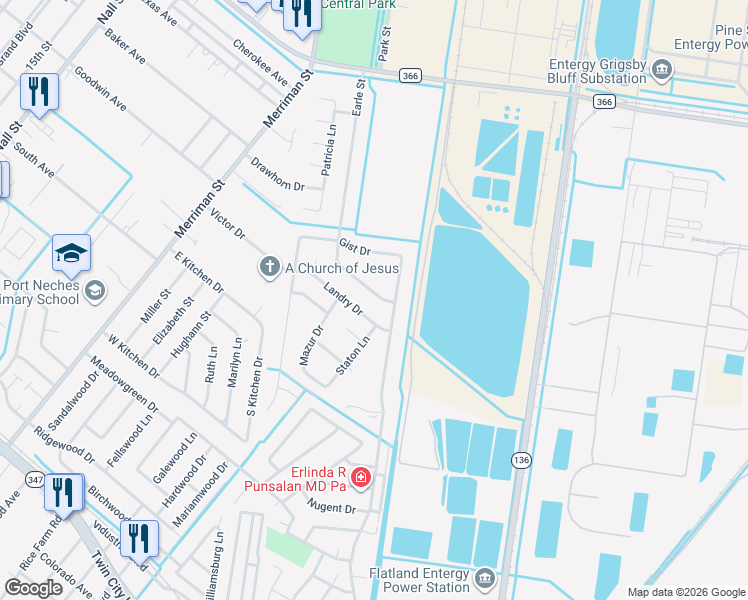 map of restaurants, bars, coffee shops, grocery stores, and more near 405 Lofton Drive in Port Neches