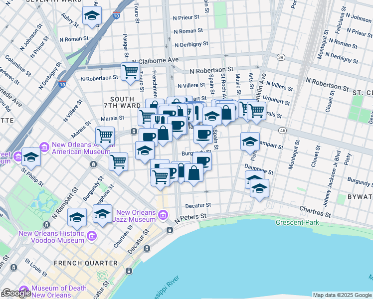map of restaurants, bars, coffee shops, grocery stores, and more near 912 Marigny Street in New Orleans