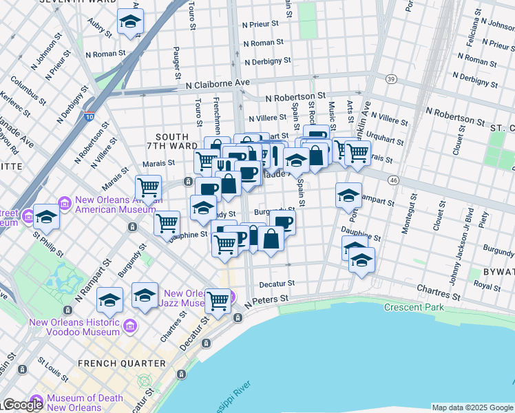 map of restaurants, bars, coffee shops, grocery stores, and more near 912 Marigny Street in New Orleans