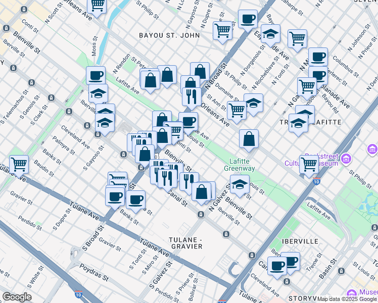 map of restaurants, bars, coffee shops, grocery stores, and more near 2602 Conti Street in New Orleans
