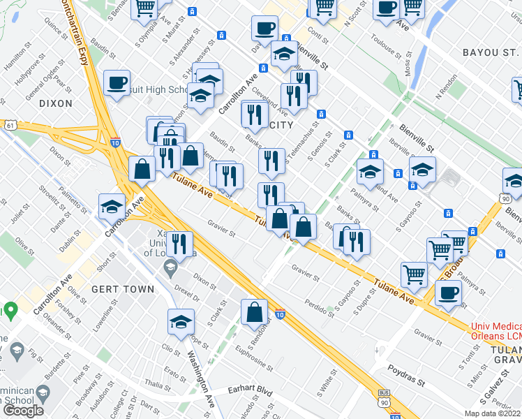 map of restaurants, bars, coffee shops, grocery stores, and more near 3601 Tulane Avenue in New Orleans