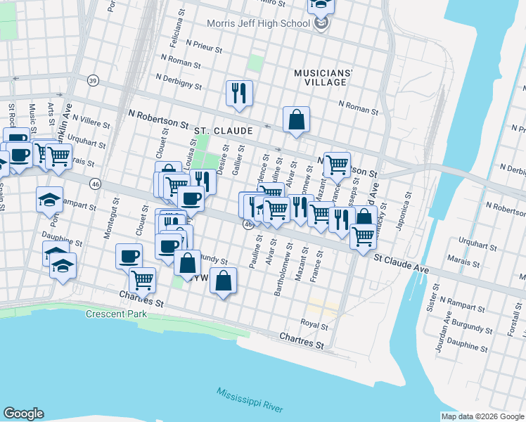 map of restaurants, bars, coffee shops, grocery stores, and more near 3714 Marais Street in New Orleans