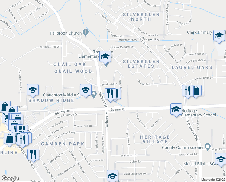 map of restaurants, bars, coffee shops, grocery stores, and more near 12215 Turchin Drive in Houston