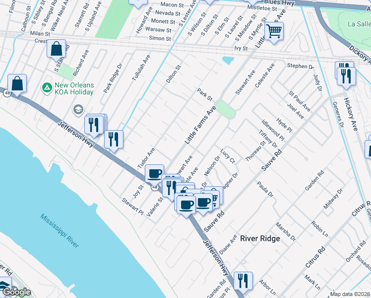 map of restaurants, bars, coffee shops, grocery stores, and more near 239 Little Farms Avenue in River Ridge