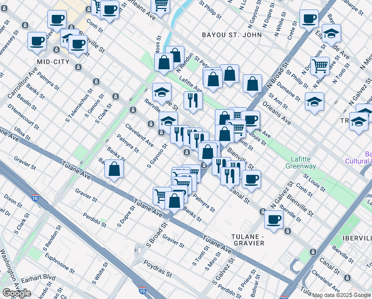 map of restaurants, bars, coffee shops, grocery stores, and more near 2819 Canal Street in New Orleans