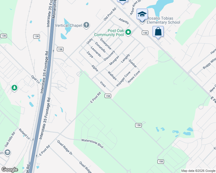 map of restaurants, bars, coffee shops, grocery stores, and more near 136 Voss in Kyle