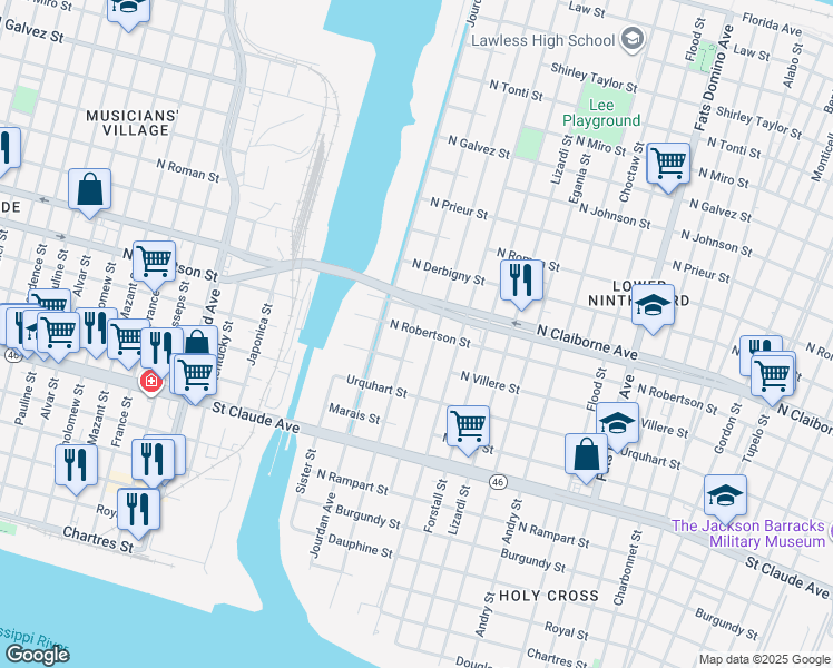 map of restaurants, bars, coffee shops, grocery stores, and more near 1429 Deslonde Street in New Orleans