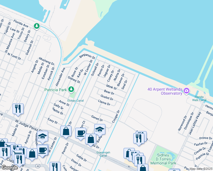 map of restaurants, bars, coffee shops, grocery stores, and more near 100 Coney Drive in Arabi