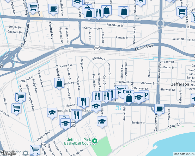map of restaurants, bars, coffee shops, grocery stores, and more near 3901 Morris Place in Jefferson