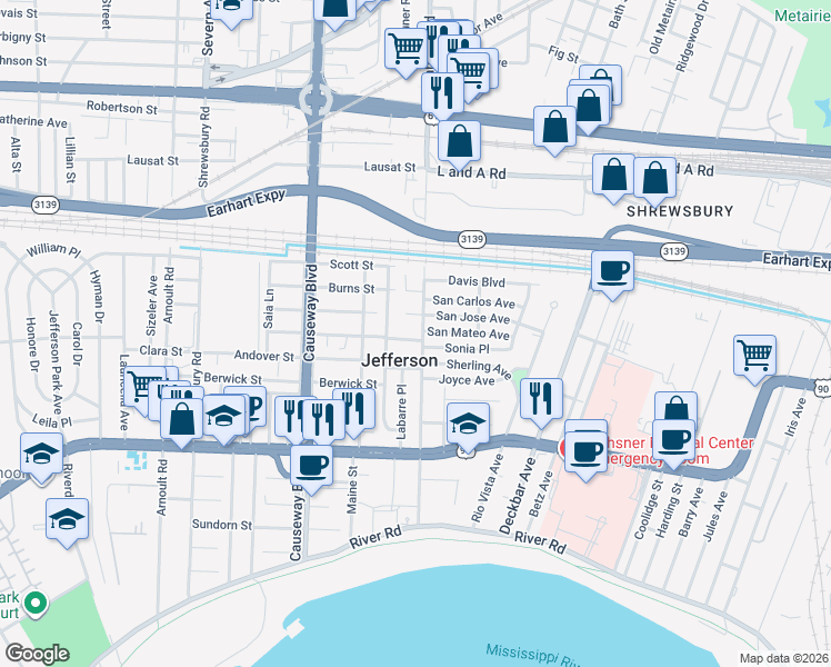 map of restaurants, bars, coffee shops, grocery stores, and more near 2719 Avalon Street in Jefferson