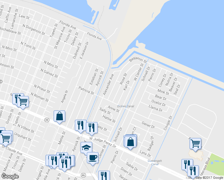 map of restaurants, bars, coffee shops, grocery stores, and more near 1819 Benjamin Street in Arabi