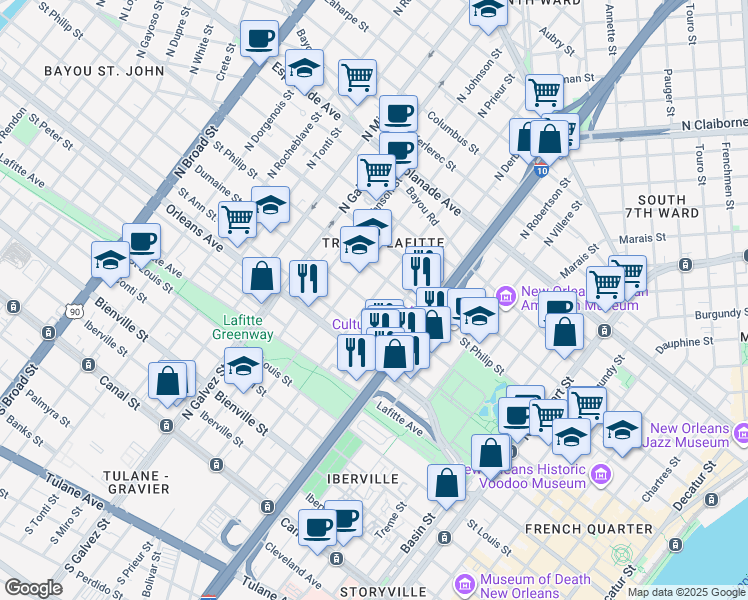 map of restaurants, bars, coffee shops, grocery stores, and more near 1837 Dumaine Street in New Orleans
