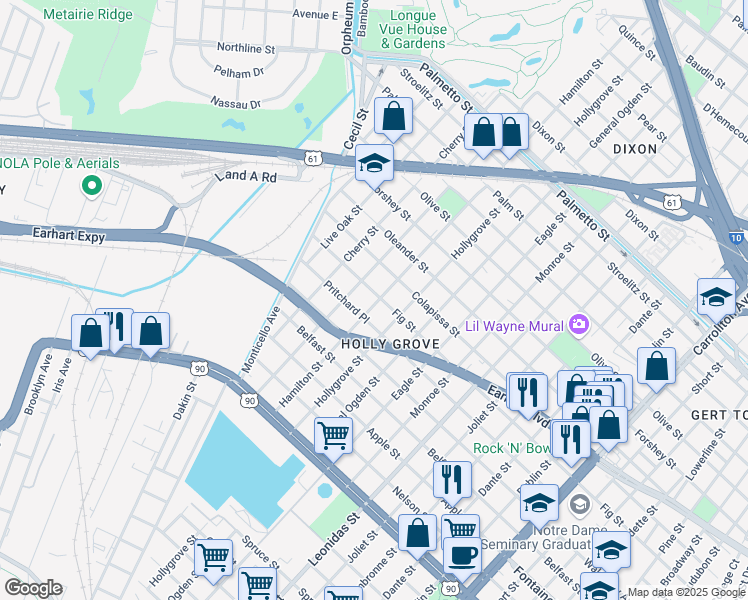 map of restaurants, bars, coffee shops, grocery stores, and more near 9106 Fig St in New Orleans