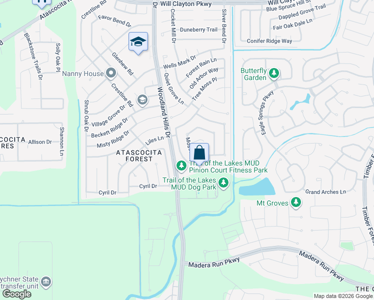 map of restaurants, bars, coffee shops, grocery stores, and more near 16315 Mossy Grove in Humble