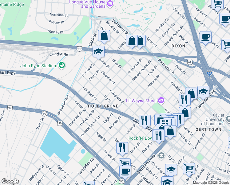 map of restaurants, bars, coffee shops, grocery stores, and more near 3120 General Ogden Street in New Orleans