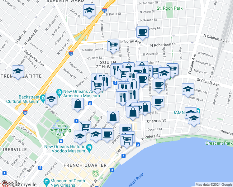 map of restaurants, bars, coffee shops, grocery stores, and more near 1625 Pauger Street in New Orleans