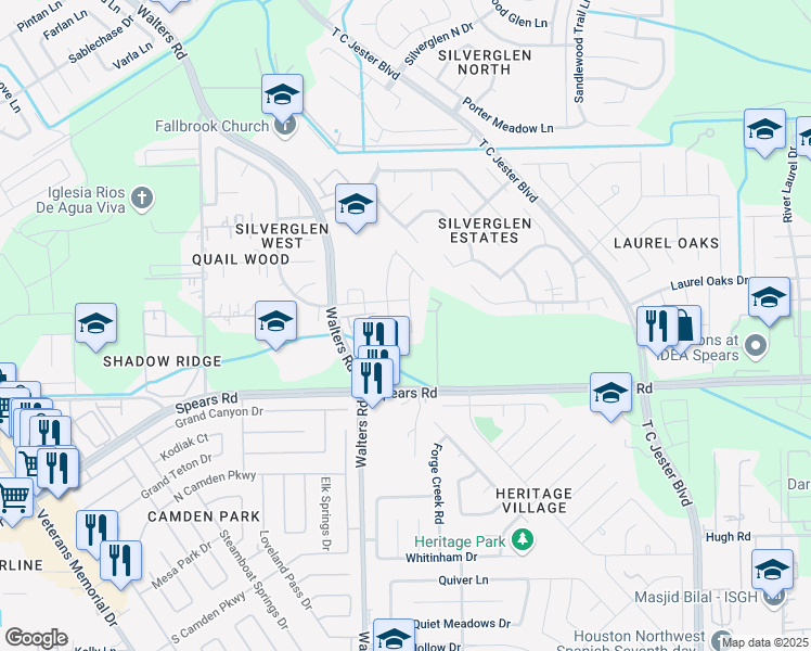 map of restaurants, bars, coffee shops, grocery stores, and more near 12215 Forstall Dr in Houston