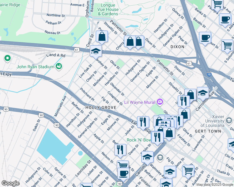 map of restaurants, bars, coffee shops, grocery stores, and more near 3120 General Ogden Street in New Orleans