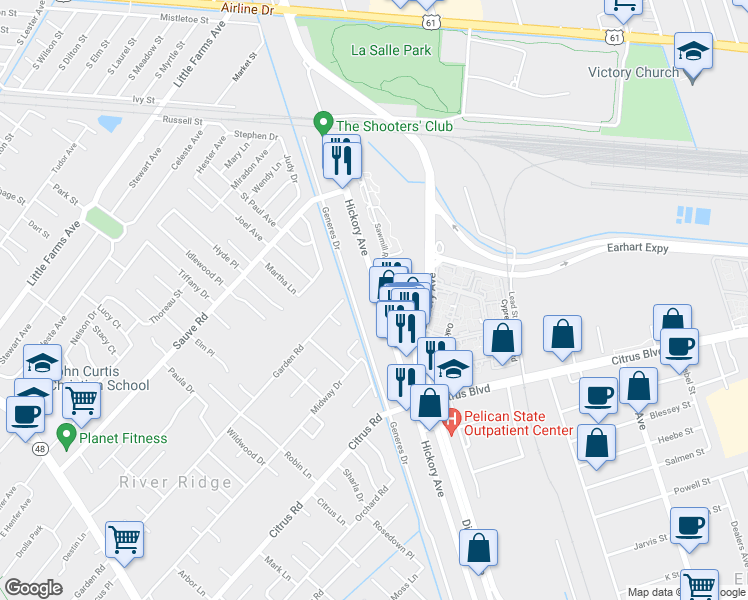 map of restaurants, bars, coffee shops, grocery stores, and more near 2000 Hickory Avenue in Harahan