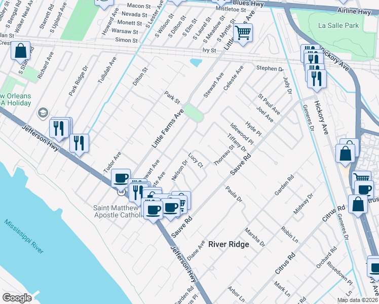 map of restaurants, bars, coffee shops, grocery stores, and more near 316 Nelson Drive in River Ridge