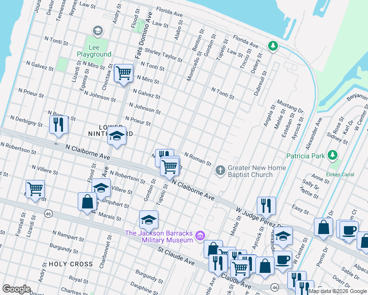 map of restaurants, bars, coffee shops, grocery stores, and more near 1821 Tupelo Street in New Orleans
