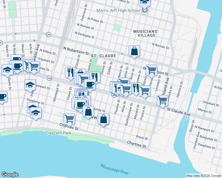 map of restaurants, bars, coffee shops, grocery stores, and more near in New Orleans