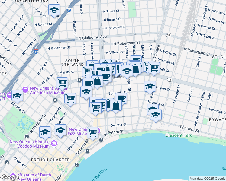 map of restaurants, bars, coffee shops, grocery stores, and more near 912 Marigny Street in New Orleans