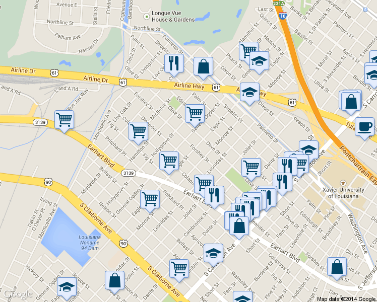 map of restaurants, bars, coffee shops, grocery stores, and more near 3226 Eagle Street in New Orleans