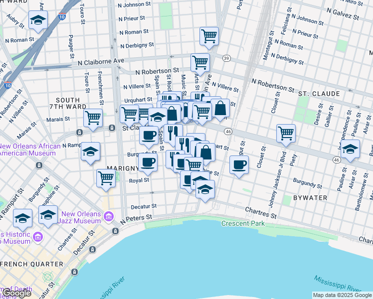map of restaurants, bars, coffee shops, grocery stores, and more near 2535 Burgundy Street in New Orleans
