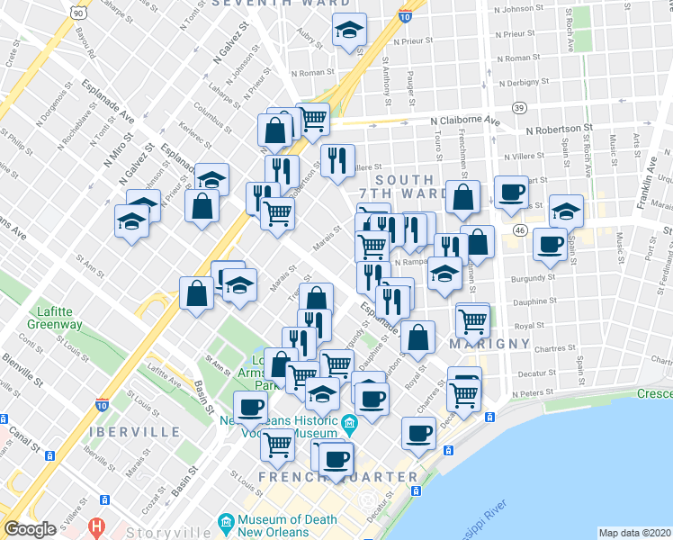 map of restaurants, bars, coffee shops, grocery stores, and more near 1201 Esplanade Avenue in New Orleans
