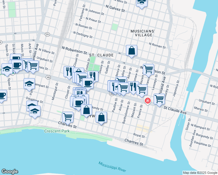map of restaurants, bars, coffee shops, grocery stores, and more near in New Orleans