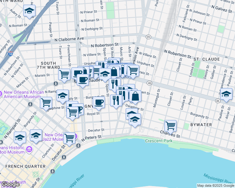 map of restaurants, bars, coffee shops, grocery stores, and more near 2467 Burgundy Street in New Orleans
