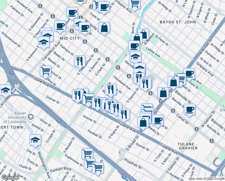 map of restaurants, bars, coffee shops, grocery stores, and more near 318 South Rendon Street in New Orleans