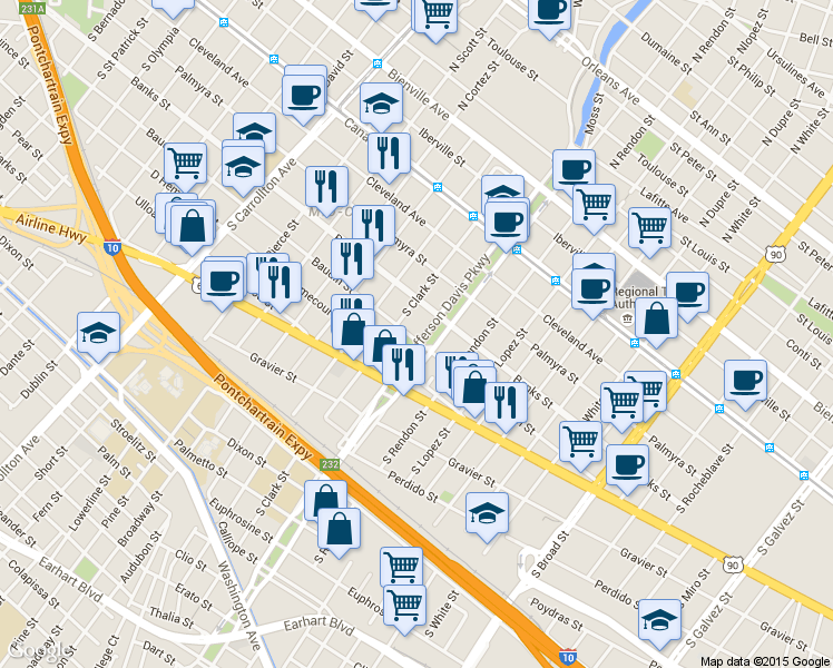map of restaurants, bars, coffee shops, grocery stores, and more near 439 South Norman C Francis Parkway in New Orleans