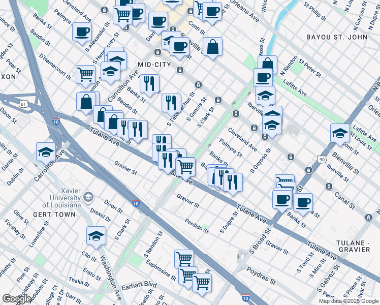 map of restaurants, bars, coffee shops, grocery stores, and more near 439 South Norman C Francis Parkway in New Orleans