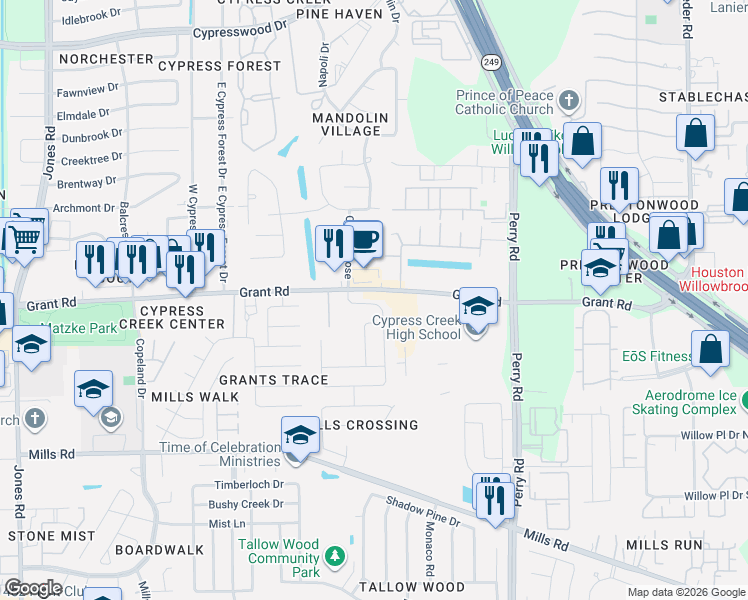 map of restaurants, bars, coffee shops, grocery stores, and more near 10202 Canyon Rose Lane in Houston