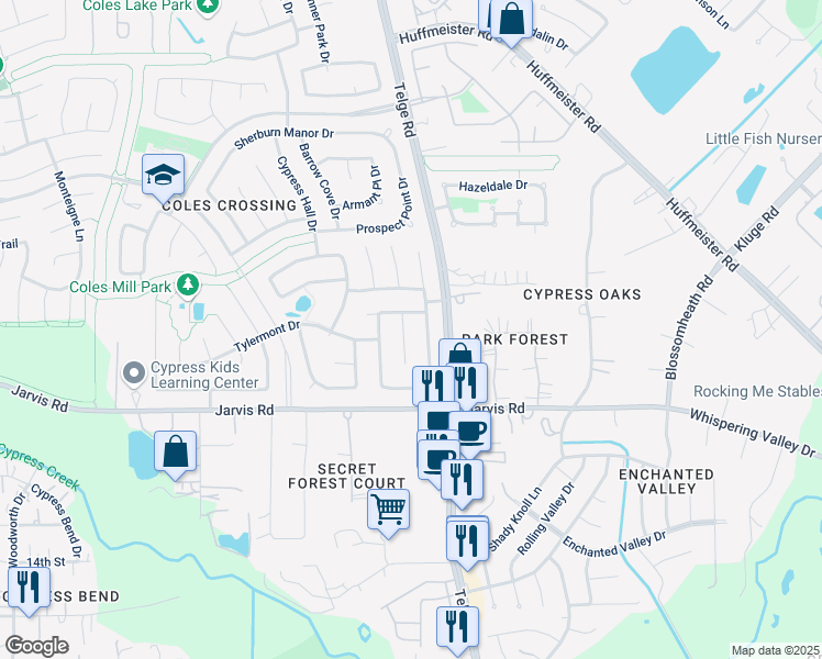 map of restaurants, bars, coffee shops, grocery stores, and more near 13014 Red Laurel Court in Cypress