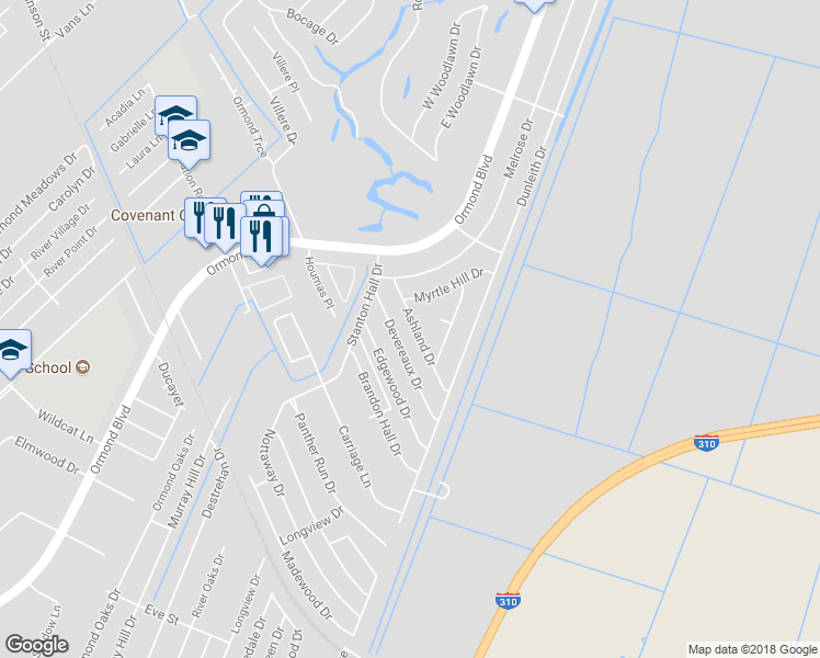 map of restaurants, bars, coffee shops, grocery stores, and more near 20 Ashland Drive in Destrehan
